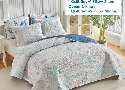 Coastal Quilt Sets Queen Size - Reversible Microfiber Ocean Style with Starfish Scallop Shell Soft Beach Bedding Nautical Bedspread Coverlet Summer Comforter with 2 Shams