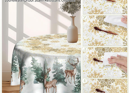 Imiss Winter Wondland Reindeer Round Tablecloths 60 Inch Christmas Snowflake Pine Tree Washable Table Cover Decoration Table Cloth for Dining Kitchen Holiday Picnic Indoor Outdoor Decor