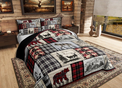 Rustic Cabin Comforter Set Queen Woodland Wolf Deer Bear Comforter For Kids Adults,Red Black Buffalo Plaid Bedding Set Wildlife Camping Lodge Mountain Quilt Bedding Southwestern Farmhouse Decor
