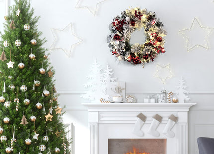 Christmas Wreath for Front Door, 18 Inch Prelit Christmas Wreath with Timer, Warm LED Light, Red Berries, Snow, Pinecone, Candy Cane, Lighted Xmas Decorations for Indoor Outdoor Xmas Collection