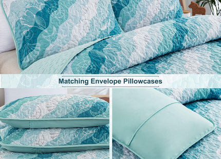 Dinjoy Coastal Quilts King Size, Blue Green Ocean Beach Themed Bedding Set