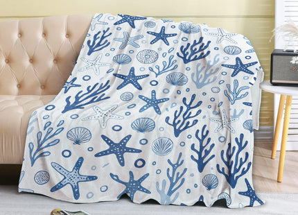 coedoaes Nautical Starfish Coral Fleece Blanket,50x60in,Blue Seashell Ocean Elements Throw Coastal Beach White Blankets,Soft Cozy Lightweight, Ideal for Bed Living Room Home Decor,Adults Gifts