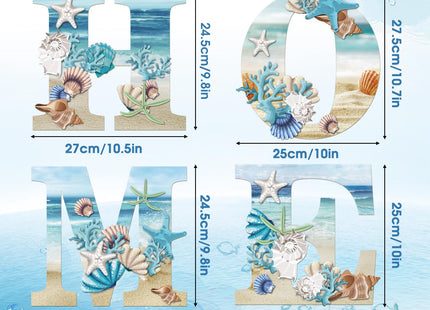 4 Pcs Wood Home Signs - Coastal Beach Style Signs With Blue Starfish and Shell Wall Decor for Home, Living Room, Kitchen, Bedroom