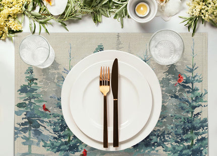 Winter Forest Tree Placemats Set of 4，Pine Tree Christmas Red Bird Heat Resistant Non Slip Place Mats Cotton Linen Tablemats for Dining Table Kitchen Decor 18 x 12 Inch