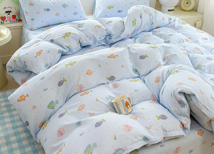 HighBuy Children Muslin Cotton Duvet Cover Queen Ocean Fish Printing Blue Bedding Duvet Cover Set 3 Piece for Kids Boys Teens Gauze Yarn-Dyed Comforter Cover Queen with 2 Pillow Shams