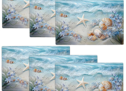 Beach Seashell Placemats Set of 6, 12x18 Inch Summer Coastal Table Place Mat Starfish Washable Non-Slip Heat Resistant Fabric Placement Mats for Dining Kitchen Indoor Outdoor Decor