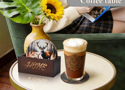 Bar Coaster Set, Drink Coaster for Home Decor, Wood Coffee Coasters 6Pack (Deer)