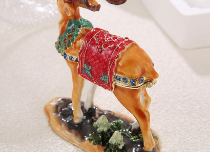 Hand Painted Christmas Trinket Box for Home Decor Accents, Enamel Hinged Jewelry Box for Bookshelf Office Table Desk Decor, Classical Figurine Collectible Keepsake Sculptures (Yellow Christmas Deer)