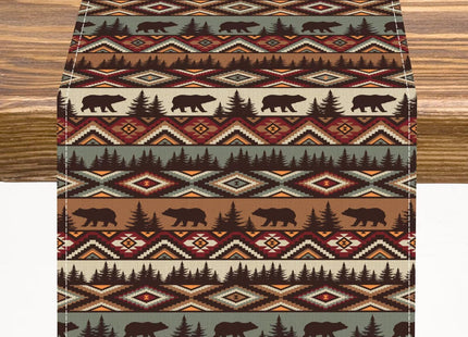 Rustic Bear Table Runner Cabin Wild Animal Bear Aztec Navajo Native Hunting Camping Retro Kitchen Dinner Runner for Indoor Home Living Room Party Dining Table Decoration 13"x70"