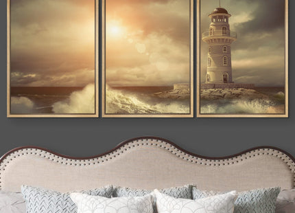 wall26 - 3 Piece Framed Canvas Wall Art - Lighthouse on The Sea Under Sky. - Modern Home Art Stretched and Ready to Hang - 16"x24"x3 Natural
