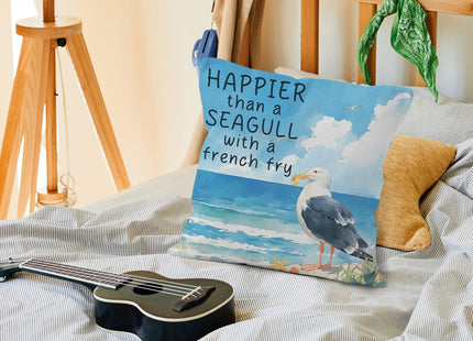VRW Coastal Beach Seagull Throw Pillow Covers 18x18, Funny Happier Than a Seagull with a French Fry Decorative Pillow Covers for Home Bedroom, Ocean Beachy Room Decor Accent Pillows Cover Pillowcases