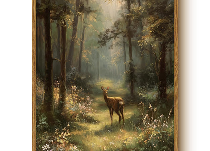 WHASAYART Framed Vintage Nature Forest Deer Canvas Wall Art 12x16 Inch