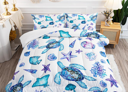 XYNHML Blue Sea Turtle Comforter 3Pcs Ocean Bedding Set Full Coral Starfish Shell Fish Bedding Set for Kid Teen Girl Boy Adult Bed Decor Conch Manta Ray Quilt with 1 Comforter and 2 Pillowcases