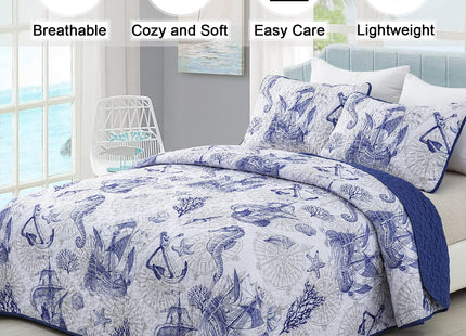 DJY Ocean Coastal Quilt King Size, 3 Pcs Seahorse Bedspread Coverlet Set