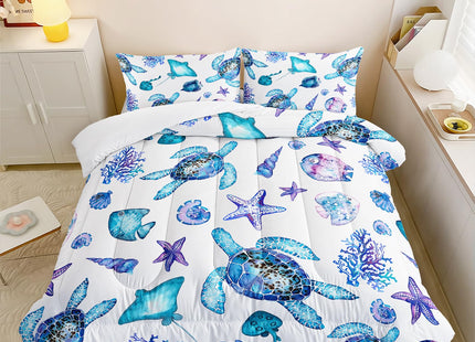 XYNHML Blue Sea Turtle Comforter 3Pcs Ocean Bedding Set Full Coral Starfish Shell Fish Bedding Set for Kid Teen Girl Boy Adult Bed Decor Conch Manta Ray Quilt with 1 Comforter and 2 Pillowcases
