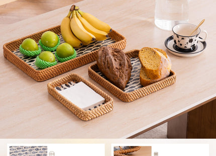 BROWNLILY Rattan Tray 3 Pcs with Mother of Pearl Inlay, Decorative Wicker Serving Tray for Bread Fruit Tea with Wooden Base, Boho Coastal Home Decor Baskets for Counter Decor & Organization (Fish)