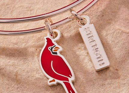 ALEX AND ANI 'Strength' Cardinal Duo Charm Bangle Bracelet - Red Cardinal Charm, Inspirational 'Strength' Accent, Nickel-Free, Cardinal Jewelry for Women (Shiny Silver)