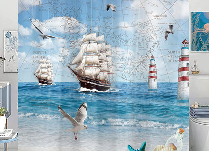 Jipusai Nautical Coastal Shower Curtain, Lighthouse Ocean Beach Shower Curtains for Bathroom, Seashell Starfish Sailboat Beach Theme Fabric Waterproof Bath Curtain Decor with Hooks,60X70IN Blue