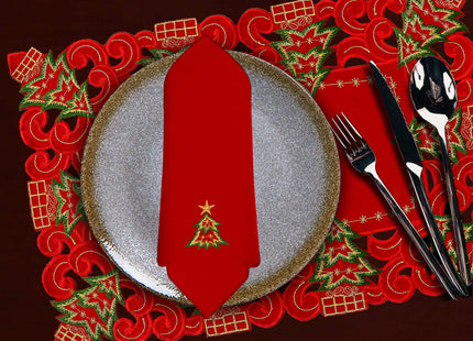 Grelucgo Set of 4 Embroidered Christmas Holiday Holly Tree Table Placemats, Rectangular 12 x 18