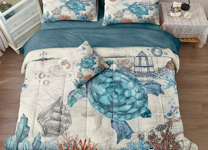 Bedding_Dreamer Turtle Comforter Set Ocean Turtle Bed in a Bag 8 Pieces Coastal Beach Themed Bedding with 1 Comforter, 1 Flat Sheet, 1 Fitted Sheet, 4 Pillowcases, 1 Cushion Cover (King, Turtle)