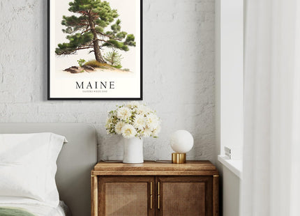 Maine State Tree Art Print, Maine Poster Wall art Decor, Maine State Map Travel Poster, Home Office Wall Decoration, Bedroom, Living Room Artwork. (Maine E, 16x20 inches + (Black Frame))