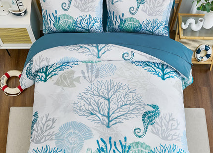 WONGS BEDDING Coastal Comforter Set Queen, Beach Themed Comforter,7 Pieces Ocean Nautical Seaweed & Starfish Bed in a Bag (90"×90")