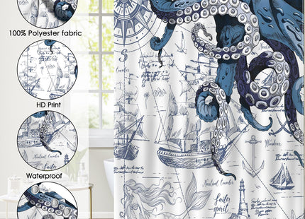 Mocsicka Nautical Octopus Shower Curtain Nautical Sailboat Octopus Bathroom Shower Curtain Nautical Coastal Waterproof Fabric Shower Curtain Bathtub Decor with 12 Hooks 72 X 72 Inch