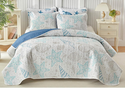 Coastal Quilt Sets Queen Size - Reversible Microfiber Ocean Style with Starfish Scallop Shell Soft Beach Bedding Nautical Bedspread Coverlet Summer Comforter with 2 Shams