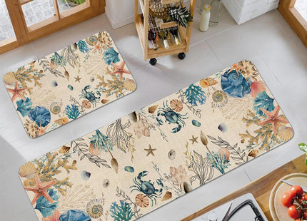 Eikunn Ocean Kitchen Rugs Set of 2, Nautical Kitchen Mats for Floor, Coastal Coral Kitchen Sink Mat Kitchen Decor Doormat+Runner Rug