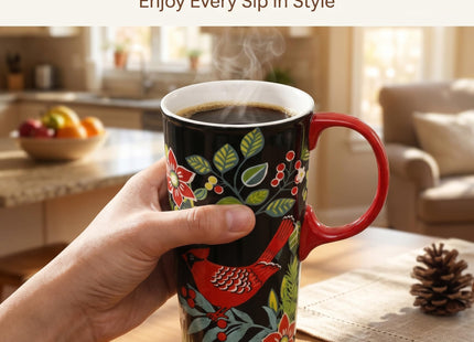 TZSSP 17oz Ceramic Travel Mug with Lid, Cardinal Holly Folk Art Coffee Mug