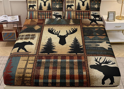 AILONEN Deer Hunting Fitted Sheet Set Twin XL Size,Rustic Cabin Bedding Sets,Black Bear & Deer Antler Plaid Fitted Sheet with 2 Pillowcases,3 Pieces