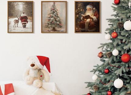 Vintage Christmas Santa Deer Framed Wall Art Snowy Forest Canvas Art