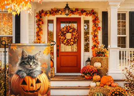 BlissYard Halloween Garden Flag 12x18Inch Maine Coon Cat Pumpkin Fall Decor