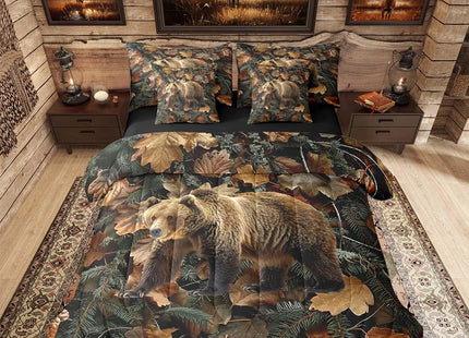 Feelyou Grizzly Bear Comforter Set with Sheets 7 Piece Queen Size Realistic Tree Leaves Hunting Bed in a Bag Kids Boys Girls Western Cabin Bedding Set Farmhouse Room Decor Soft Lightweight Microfiber
