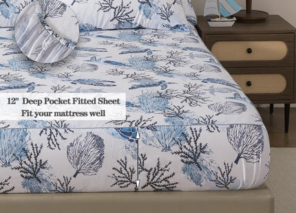 FADFAY Twin XL Sheet Set 4 Pieces, 100% Cotton Coastal Sea Turtle Bed Sheets, Soft Breathable College Bedding, Deep Pocket Fitted Sheet, Blue White Nautical Ocean Coral Seaweed Sheets for Dorm Room