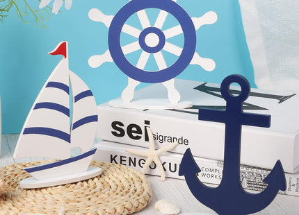COCHIE Wooden Anchor Nautical Decorations Set of 3, Double-Sided Summer Nautical Tiered Tray Decor, Wood Cruise Anchors Sign for Tabletop, Home, Office, Desk, Shelf, Party Decoration (Sailboat)