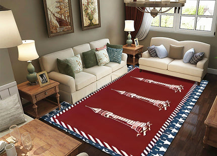 LHOMKCV Nautical Theme Area Rug,3x5ft,Ocean Lighthouse Print Burgundy Red Rug, Stars Striped Border Accent Carpet, American Style Non Skid Washable Floor Mats for Living Room Bedroom KidsRoom