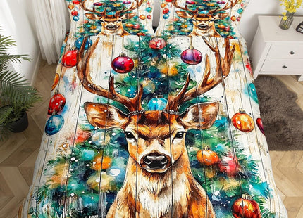 Cabin Deer Duvet Cover Set Twin Size,Tie-dye Christmas Tree Wooden Plank Rustic Bedding Set,Boys Girls Room Decor,Wild Animal Farmhouse Comforter Cover,Brown Quilt Cover,1 Pillowcase,No Comforter