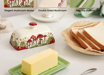 Fungi Fun Ceramic Butter Dish with Lids - Mushroom Butter Containers, White