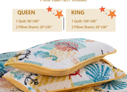 DJY Coastal Quilt King Size, 3 Pcs Yellow Beach Theme Bedspread Coverlet