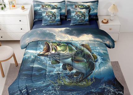 Feelyou Pike Fish Full Comforter Set with Sheets 7 Piece Bass Big Fish Bedding Set Ocean Fishing and Hunting Bed in a Bag