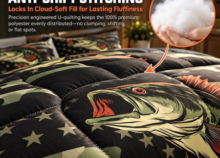 Castle Fairy Bass Fish Camouflage Full Size Comforter Set Farmhouse Fishing Bedding Set for Kids Adults Teens Retro Green Camo Comforter Luxury Bass Fish Pattern Quilt Set Room Decor 3Pcs