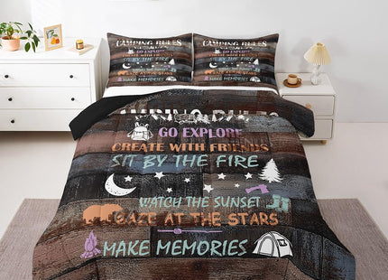 Erosebridal Rustic Camper Comforter Set Twin Happy Camping Rules Bedding Set Farmhouse Rv Bedding Comforter Sets for Bunk,Camper Accessories for Inside Travel Trailers Quilt,Cabin Lodge Decor