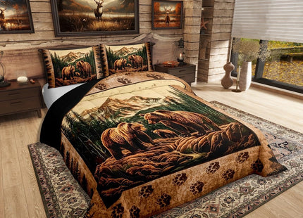 Erosebridal Rustic Cabin Comforter Set Queen Size Grizzly Bear Print Bedding - Rustic Farmhouse Bedding Comforter Sets - For Boys Teen Men,Hunting Wildlife Pattern Quilt Animal Theme Lodge Decor 3 Pcs