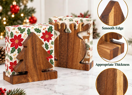 Threehoney 2 Pcs Acacia Wood Christmas Tree and Reindeer Napkin Holder