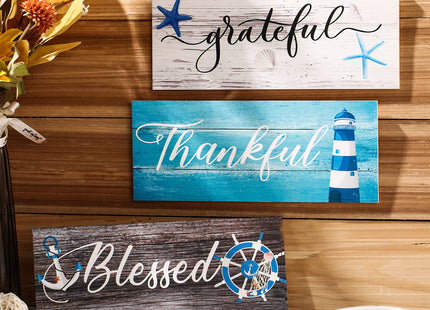 Yookeer 3 Pieces Thankful Grateful Blessed Wooden Signs, Coastal Style