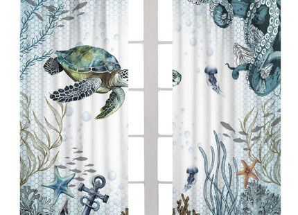 JanJCurt Sea Turtle Curtains, Blue Teal Ocean Octopus Underwater Animal Seashell Jellyfish Coastal Fish Nautical Print Window Curtains for Kitchen Bedroom Living Room, 42x45 Inch (No Blackout)