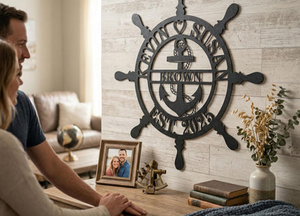 Personalized Wheel Ship Metal Sign, Custom Nautical Wall Decor, Custom Ship Wheel Monogram Wall Sign, Lake Beach House Decor