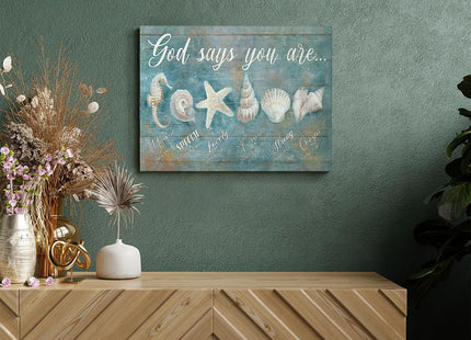 Ocean Seashell Starfish Wall Art God Says You Are Wall Decor Rustic Shell Coastal Theme Pictures Canvas Prints Motivational Framed Modern Artwork for Home Living Room Bedroom Bathroom 20"x16"