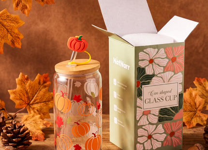 16 oz Fall Pumpkin Glass Cup With Lid & Straws Pumpkin Gifts for Women